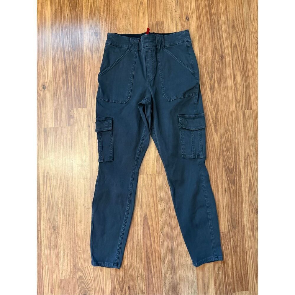 Spanx Women's Stretch Pull-On Twill Ankle Cargo Pants Black Dark Wash Size Large